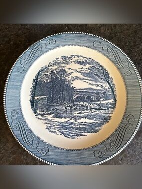 CURRIER & IVES Royal China USA 12” CHOP PLATE Blue Transferware Round Platter